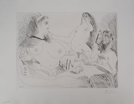 Гравюра Picasso - Les 156, planche 144 : Belle jeune femme à sa toilette rêvant qu'elle possède un petit homme des bois émacié portant un oiseau