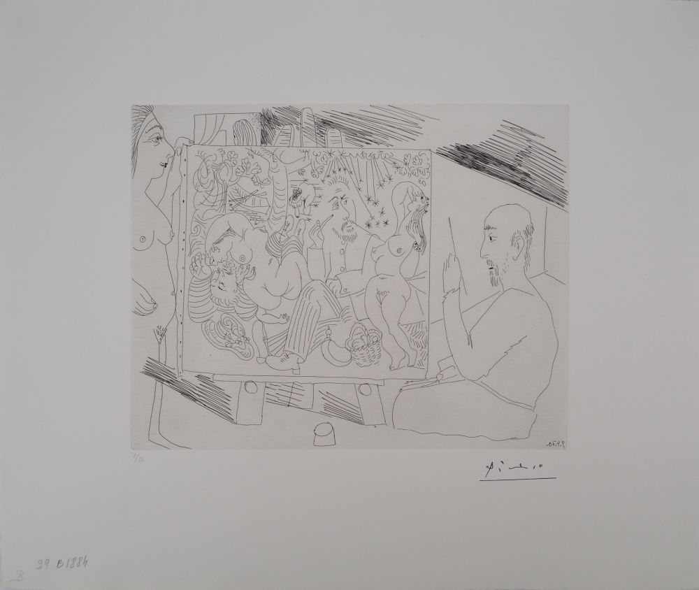 Гравюра Picasso - Les 156, planche 29 : Peintre dans son atelier peignant « Le Déjeuner sur l’herbe », avec un modèle