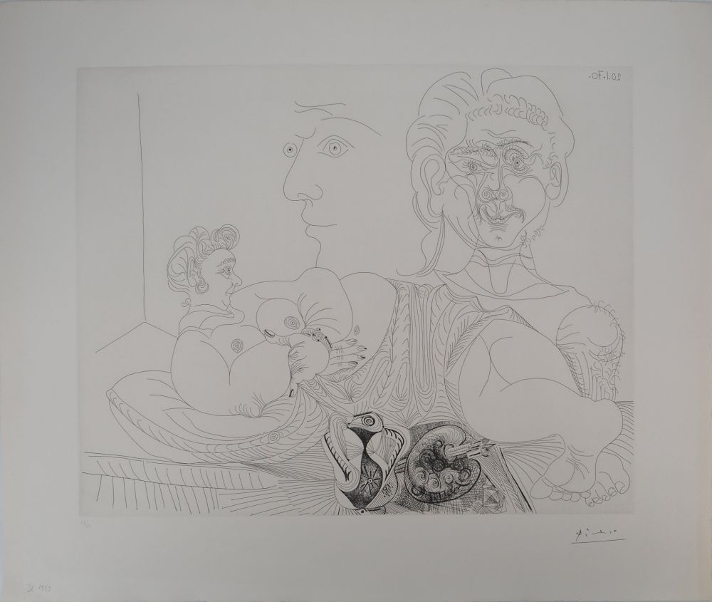 Гравюра Picasso - Les 156, planche 4 : Vieux modèle pour jeune odalisque, le double regard du peintr