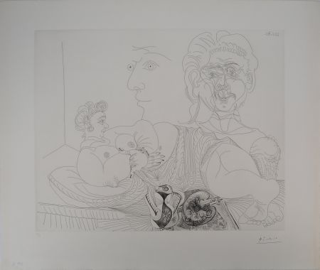 Гравюра Picasso - Les 156, planche 4 : Vieux modèle pour jeune odalisque, le double regard du peintr