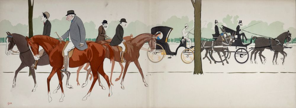 Литография Goursat - Les Acacias : M. Castillo, Marquis du Lau, Antoine de Gontaut-Biron, Duc de Brissac, Réjane, Prince Troubetskoi, c. 1900-1925
