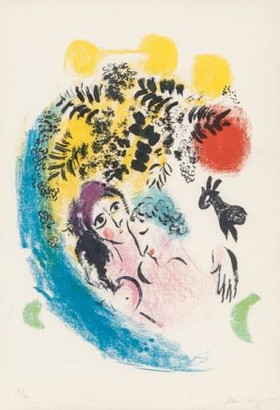 Литография Chagall - Les amoureux au soleil rouge
