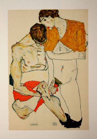 Литография Schiele - LES AMOUREUX / LOVERS (Egon Schiele & Valerie Neuziel) - Lithographie / Lithograph - 1913