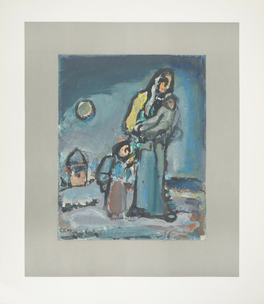 Литография Rouault - L'Hiver, Famille marchant dans la neige, c