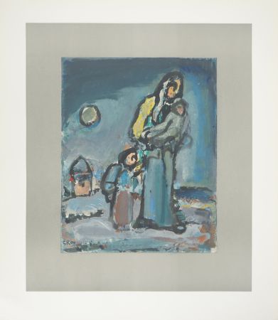 Литография Rouault - L'Hiver, Famille marchant dans la neige, c