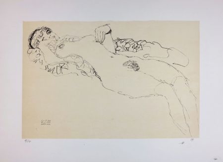 Литография Klimt - Liegender Mädchenakt nach links / Reclining female nude facing left - 1914