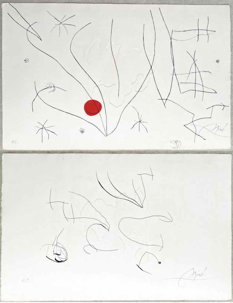 Офорт И Аквитанта Miró - L'ISSUE DÉROBÉE. Pointe sèche, aquatinte et gaufrage, signée à double face (1974)