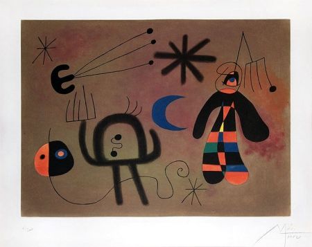 Акватинта Miró - L'Oiseau-fusée vise la fourche glissant en cascade vers le point noir (The Rocket-Bird Aims for the Fork Cascading Down Toward the Black Point), 1952