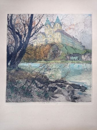 Офорт И Аквитанта Kasimir - Luigi Kasimir, View from Vienna - Melk Abbey - Handcoloured Etching, 1920s