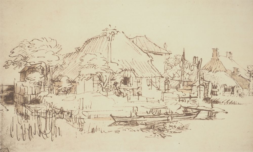 Литография Rembrandt - Maisons sur le bord d'un canal