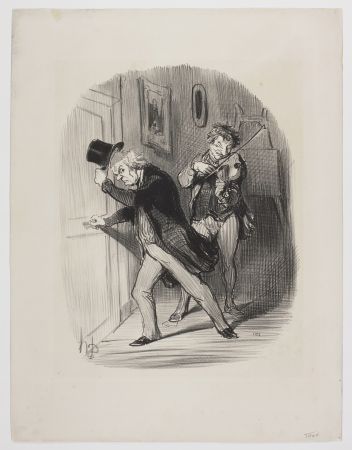 Литография Daumier - Manière polie de mettre un bourgeois à la porte d'un atelier, lui jouer quarante sept fois de suite l'air de la Monaco. 