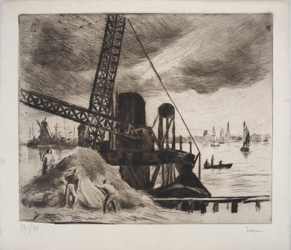 Гравюра Сухой Иглой Luce - Maximilien LUCE - Grue du port de Rotterdam Vers 1890 -Gravure originale signée