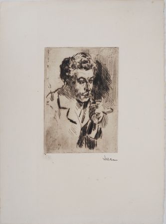 Гравюра Сухой Иглой Luce - Maximilien LUCE - Homme à la cigarette ( portrait de Jean Peské) Vers 1895 - Gravure originale signée