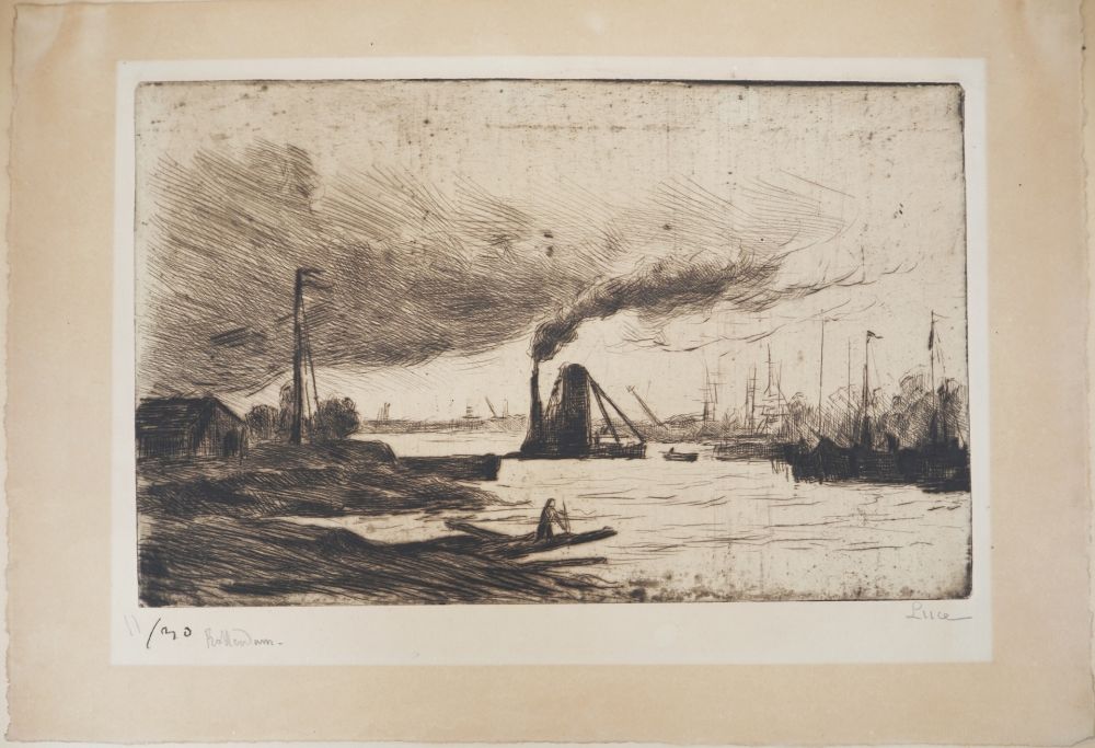 Гравюра Сухой Иглой Luce - Maximilien LUCE - Rotterdam, voiliers à quai et  fumée dans le port Vers 1890 - Gravure originale signée