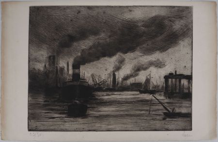 Гравюра Сухой Иглой Luce - Maximilien LUCE - Vue du port de Rotterdam Vers 1890-1895 - Gravure originale signée