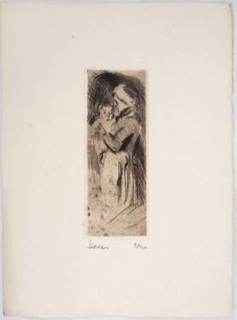 Гравюра Сухой Иглой Luce - Maximilien LUCE -Grand-mère cajolant son petit-enfant Vers 1890 -Gravure originale signée