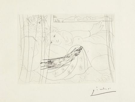 Офорт Picasso - Minotaure et jeune femme enlacés rêvant sous une fenêtre (Minotaure and Young Woman Embracing Under a Window), plate 91, from La suite Vollard