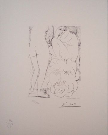 Литография Picasso - Modelo, escultura de espaldas y cabeza barbuda