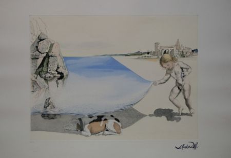 Офорт Dali - Moi-meme à l'age de six ans, soulevant avec une extreme précaution la peau de la mer pour observer un chien dormant à l'ombre de l'eau