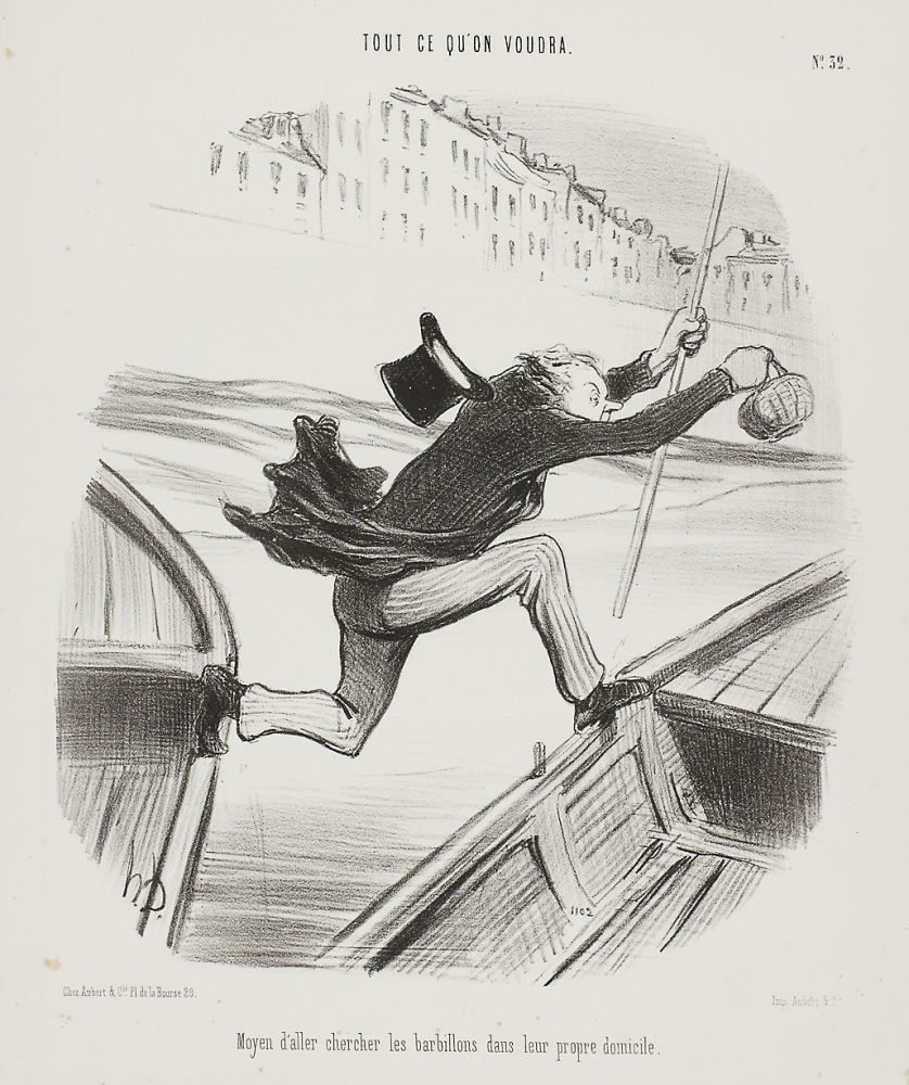 Литография Daumier - Moyen d'aller chercher les barbillons dans leur propre domicile (The best way to catch fish in their own environment)