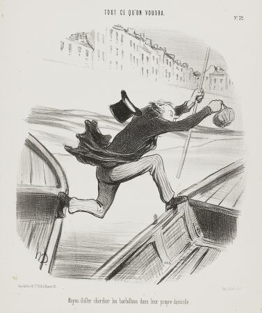 Литография Daumier - Moyen d'aller chercher les barbillons dans leur propre domicile (The best way to catch fish in their own environment)