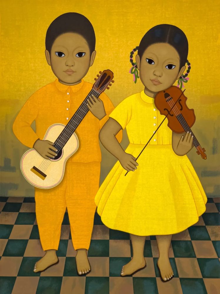 Сериграфия Montoya - Músicos, Chica y nino sosteniendo instrumentos de cuerda