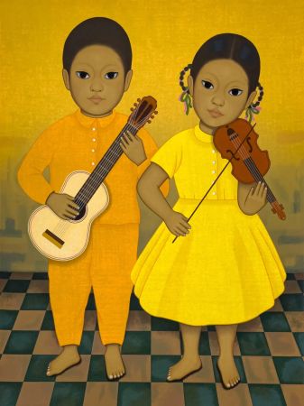 Сериграфия Montoya - Músicos, Chica y nino sosteniendo instrumentos de cuerda