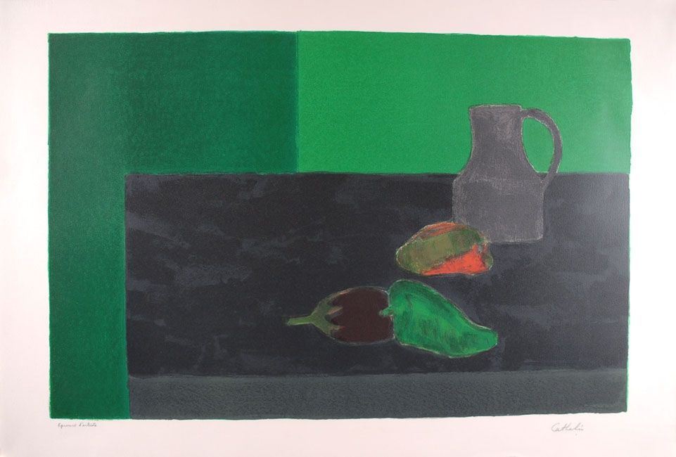 Литография Cathelin - Nature morte noire et verte aux poivrons - Still Life in black and green with peppers