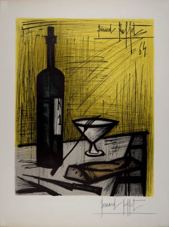 Литография Buffet - Nature morte à la bouteille de vin et au pain, 1964 - Hand-signed