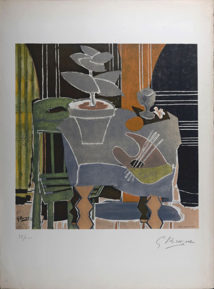 Литография Braque (After) - Nature morte à la palette, 1960 - Hand-signed!