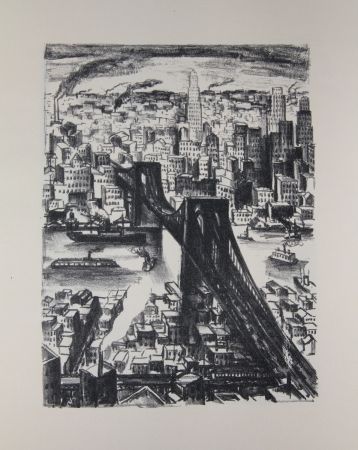 Литография Lubbers - NEW-YORK - BROOKLYN BRIDGE / LE PONT DE BROOKLYN