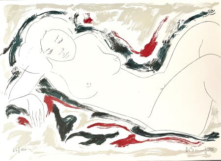 Литография Bonnefoit - Nu allongé sur fond noir et rouge