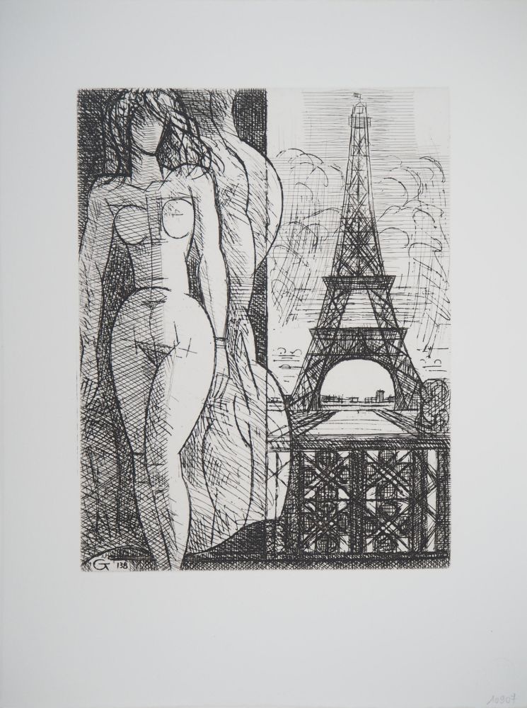 Гравюра Gromaire - Nu à la Tour Eiffel