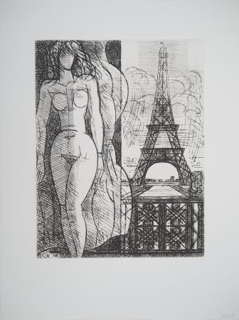 Гравюра Gromaire - Nu à la Tour Eiffel