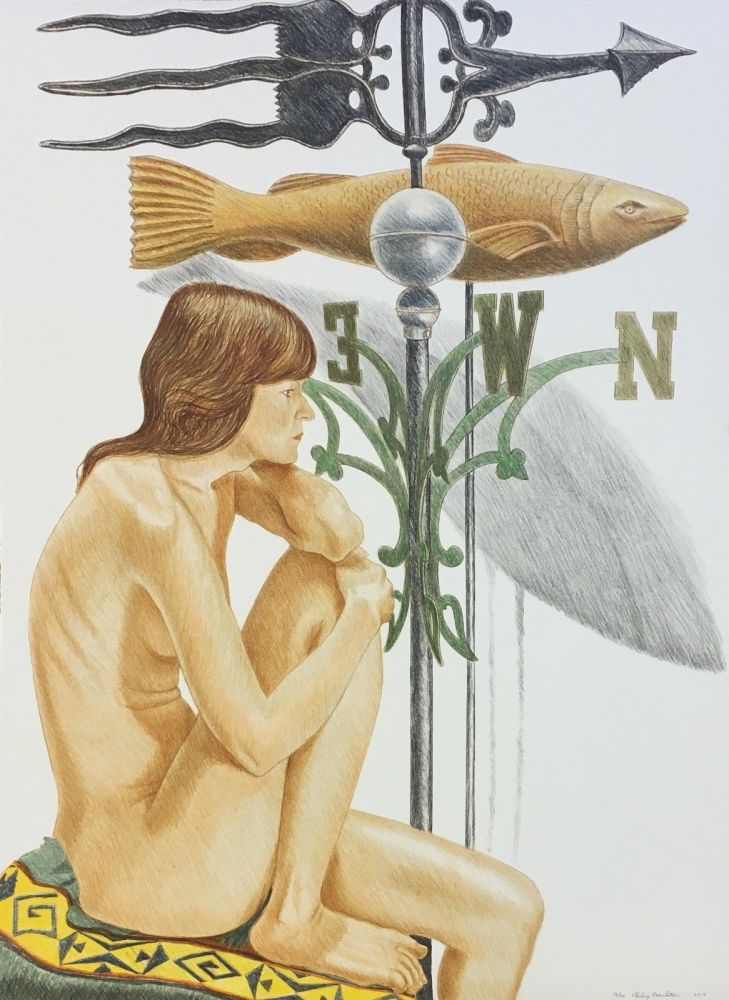 Литография Pearlstein - NUDE MODEL WITH BANNER AND FISH WEATHERVANE