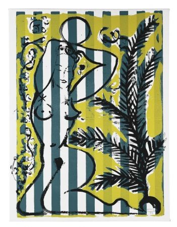 Сериграфия Szczesny - Nude with Palms on Green Stripes