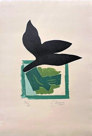 Гравюра На Дереве Braque - Oiseau noir sur fond vert