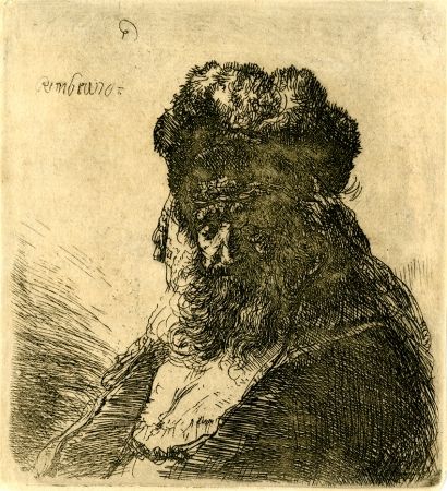 Гравюра Rembrandt - 	Old Bearded Man in a High Fur Cap, with Eyes Closed, c. 1635