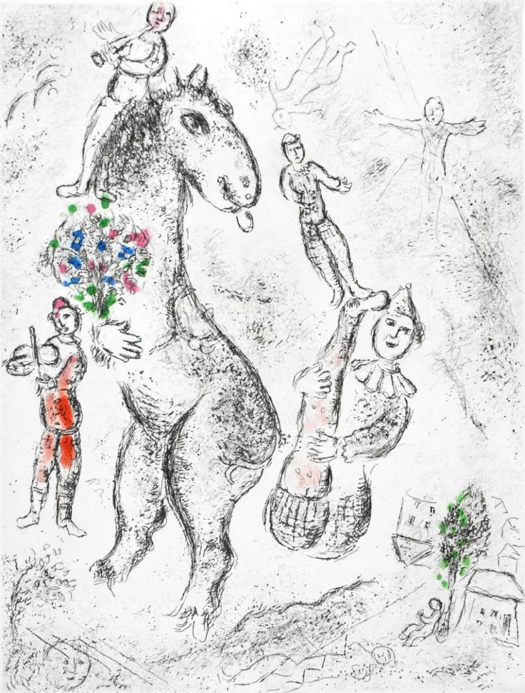 Офорт И Аквитанта Chagall - Original etching «Horse, violinist and clown» from «Celui qui dit les choses sans rien dire» (1976)