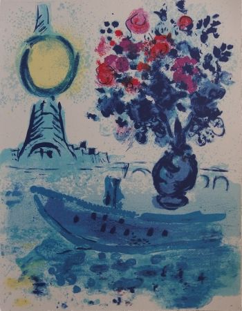 Литография Chagall - Paris : Bateau mouche au bouquet  - La Seine