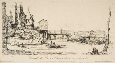 Гравюра Meryon - Passerelle du Pont-au-Change, Paris, après l'incendie de 1621