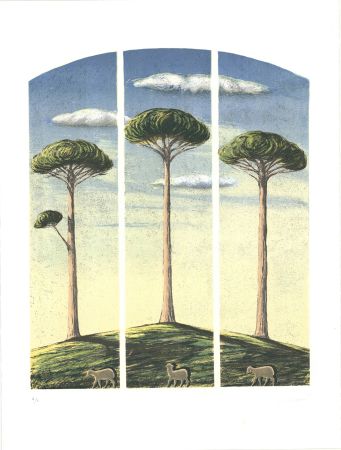 Литография Lazzeri - Pecore al albero