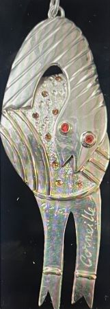 Нет Никаких Технических Corneille - Pendentif L'Oiseau - Serpent  - Bijou d'artiste en Argent, pierres de couleurs et filets d'or. Pièce Unique
