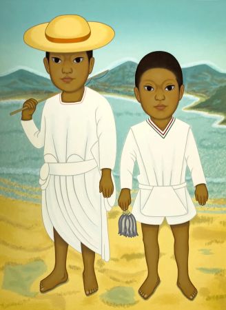 Сериграфия Montoya - Pescadores, dos ninos con arte de pesca