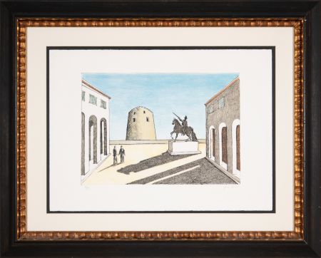 Литография De Chirico - Piazza d'Italia con statua equestre