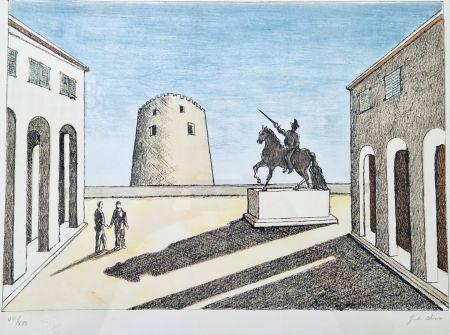 Литография De Chirico - Piazza d'Italia con statua equestre.