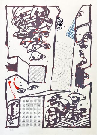 Литография Alechinsky - Pierre Alechinsky (1927) – Chutes et panaches, avec extraits de partitions labyrinthiques de Jean-Yves Bosseur – Lithograph on paper – 2001
