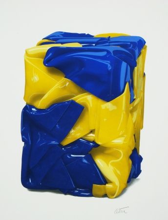 Литография Cesar - Portrait compression en jaune et bleu