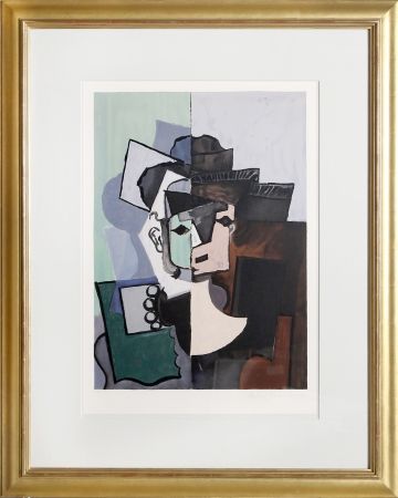 Литография Picasso - Portrait de Face sur Fond Rose et Vert