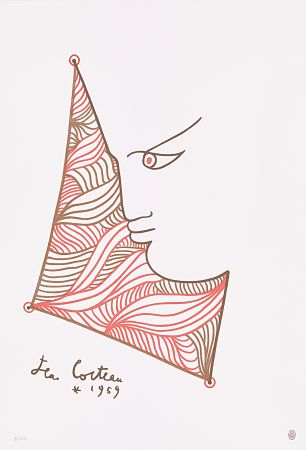 Литография Cocteau - Profil brun et rouge 